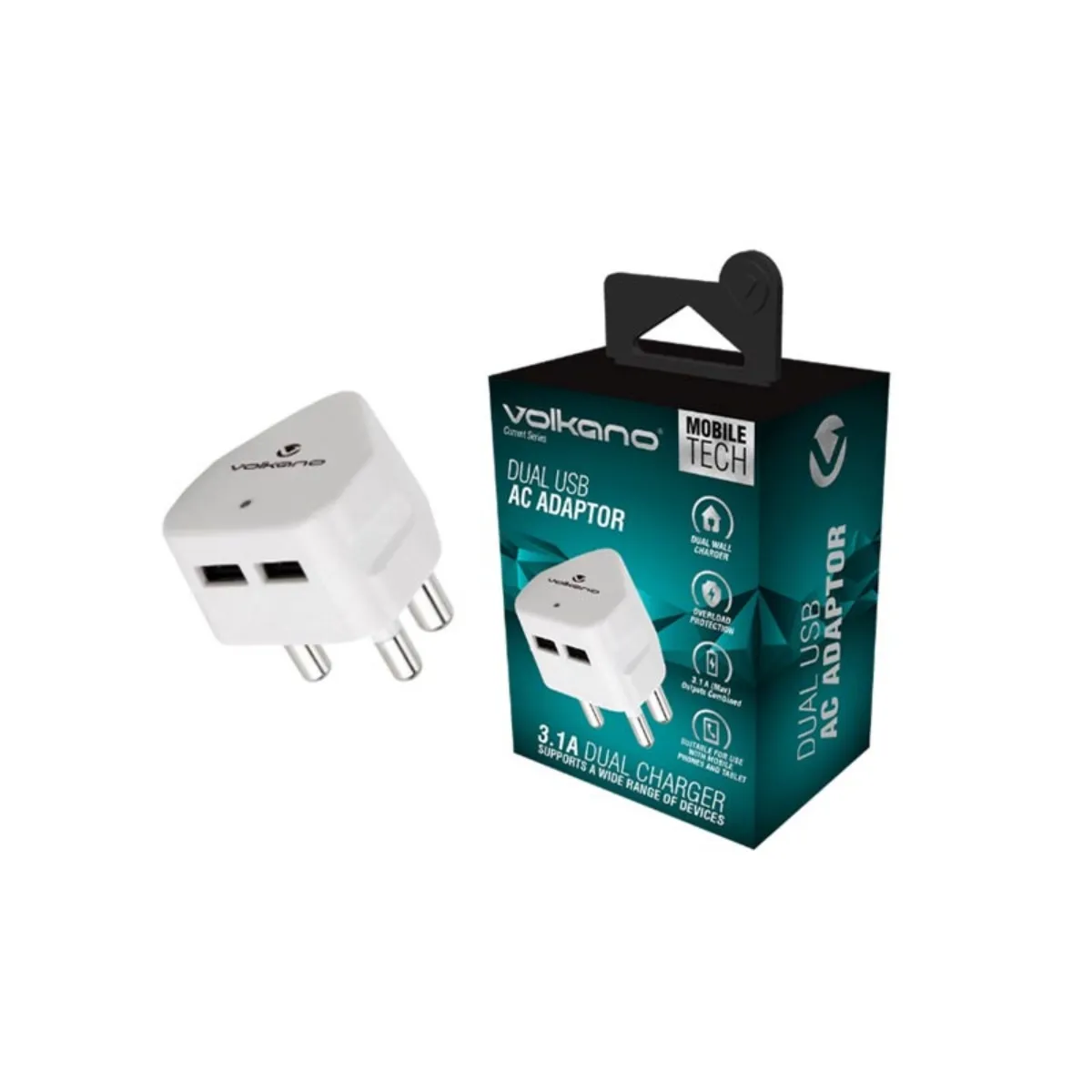 VOLKANO CURRENT SERIES DOUBLE USB WALL CHARGER WITH 3 PIN PLUG - Image 2
